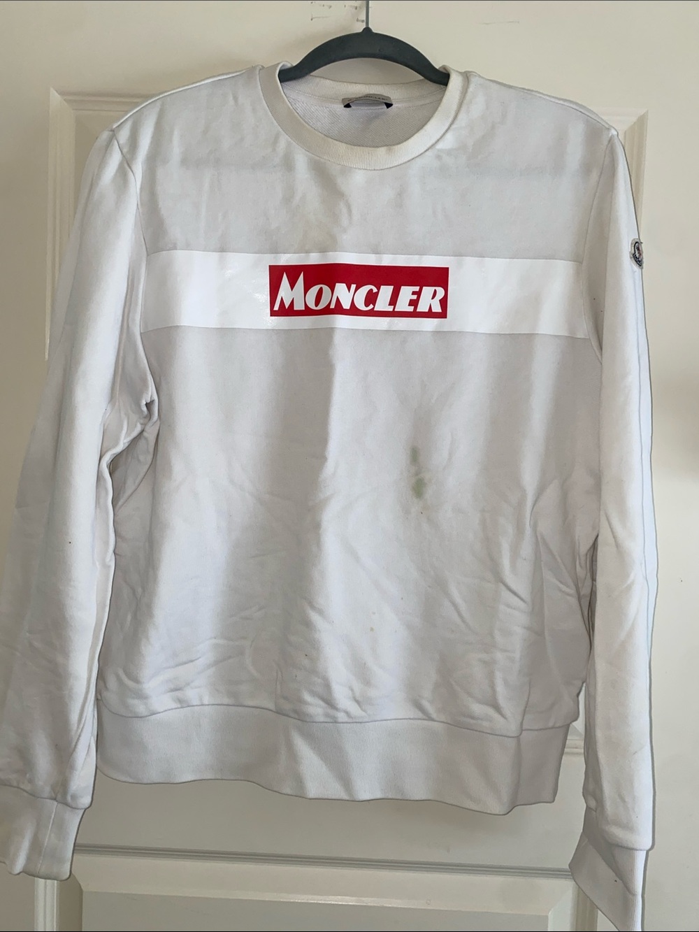 Moncler White Pullover with Red Logo Panel
